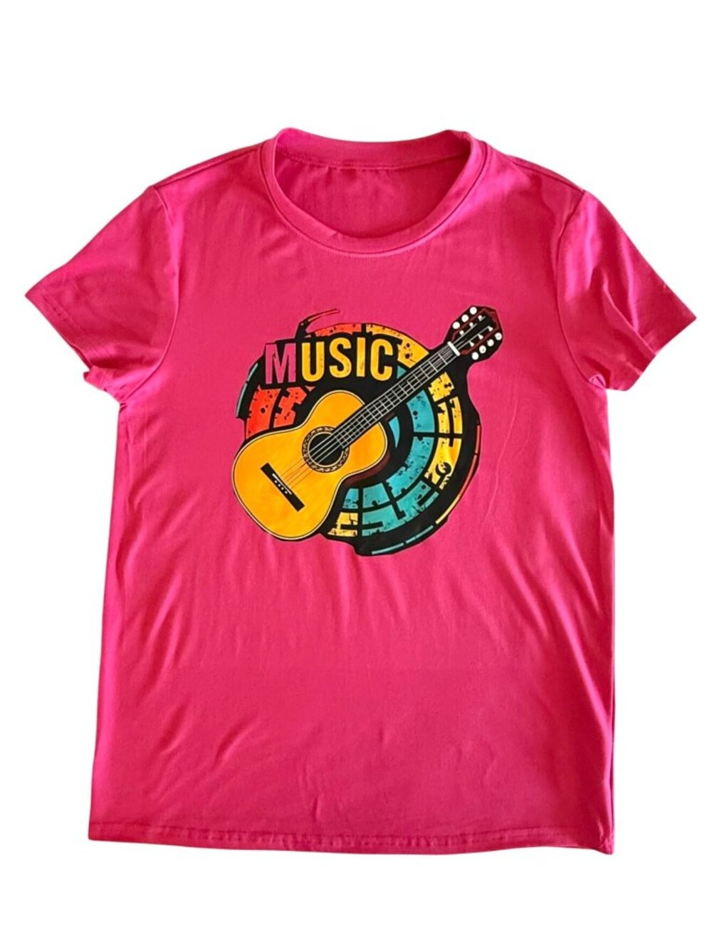 Guitar Music Tee Womens S Bright Pink Retro Graphic Musician Shirt